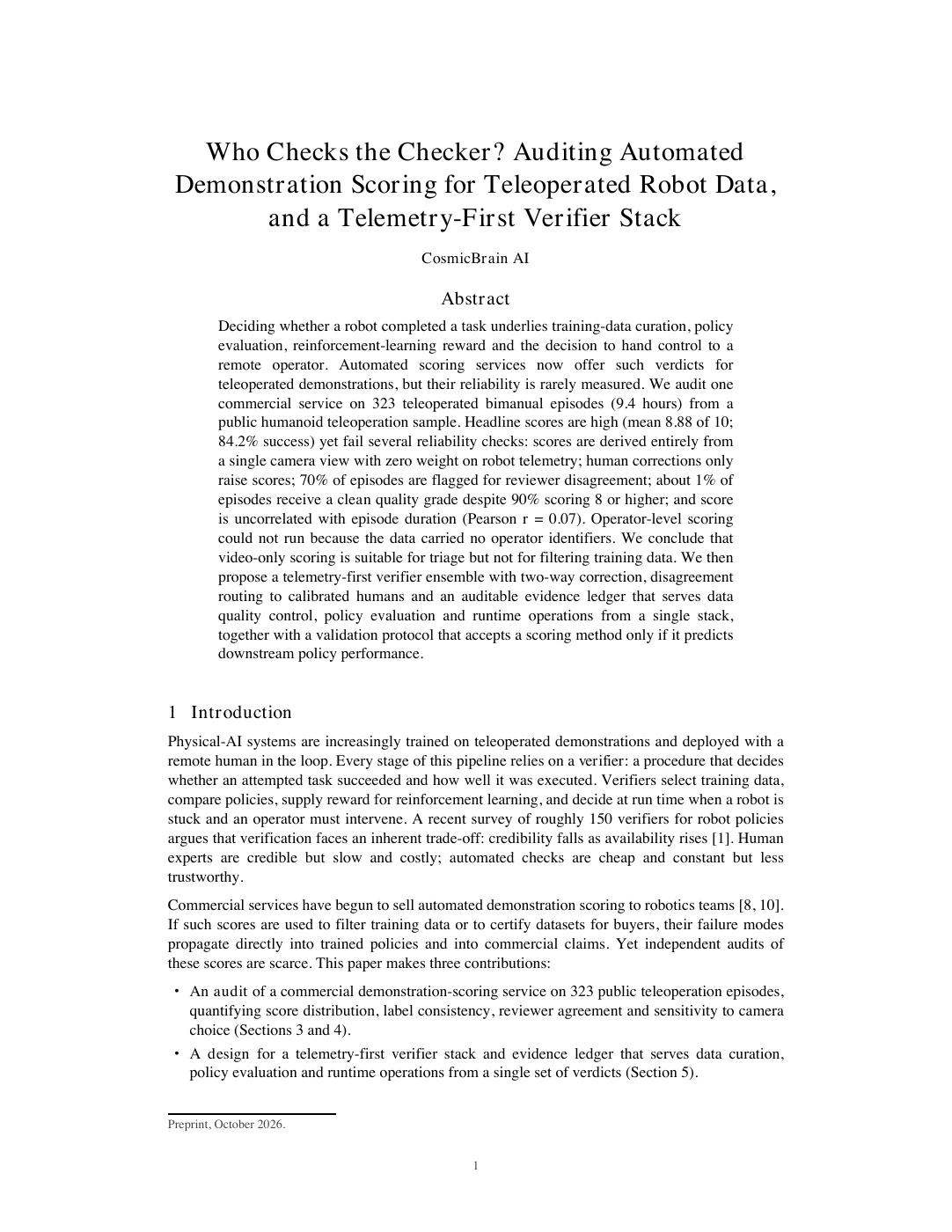 First page of Who Checks the Checker?, the CosmicBrain evaluation-layer preprint.