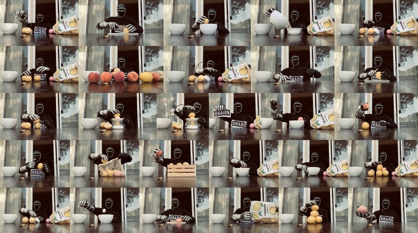 Supplied montage of a humanoid demonstrating manipulation of fruit, bowls, bags and a small crate on a table.