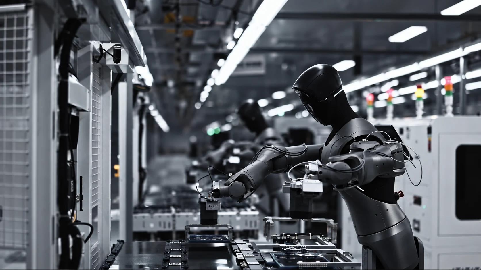 Graphite humanoid working at an electronics station
